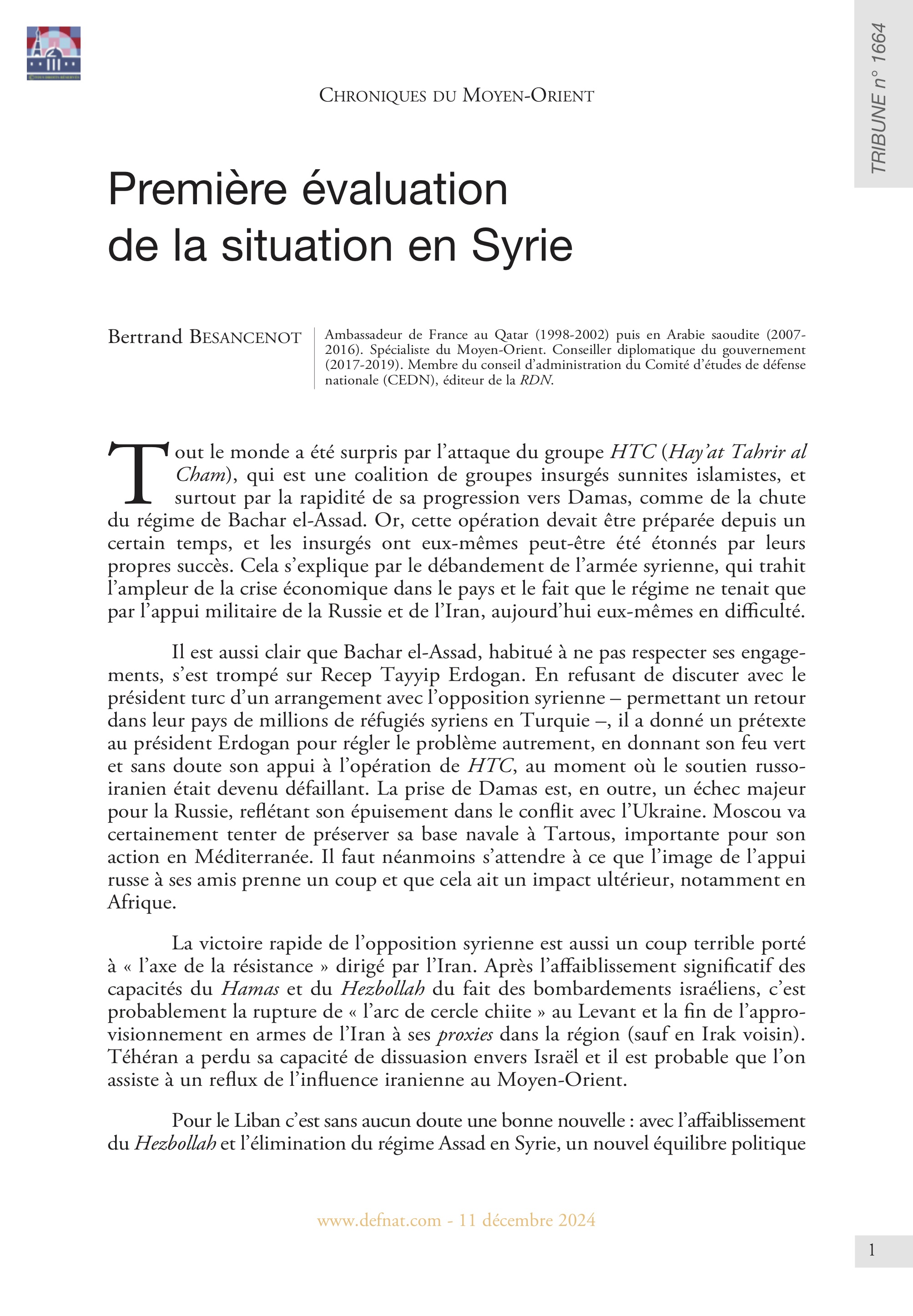 Chroniques du Moyen-Orient – Première évaluation de la situation en Syrie (T 1664)
